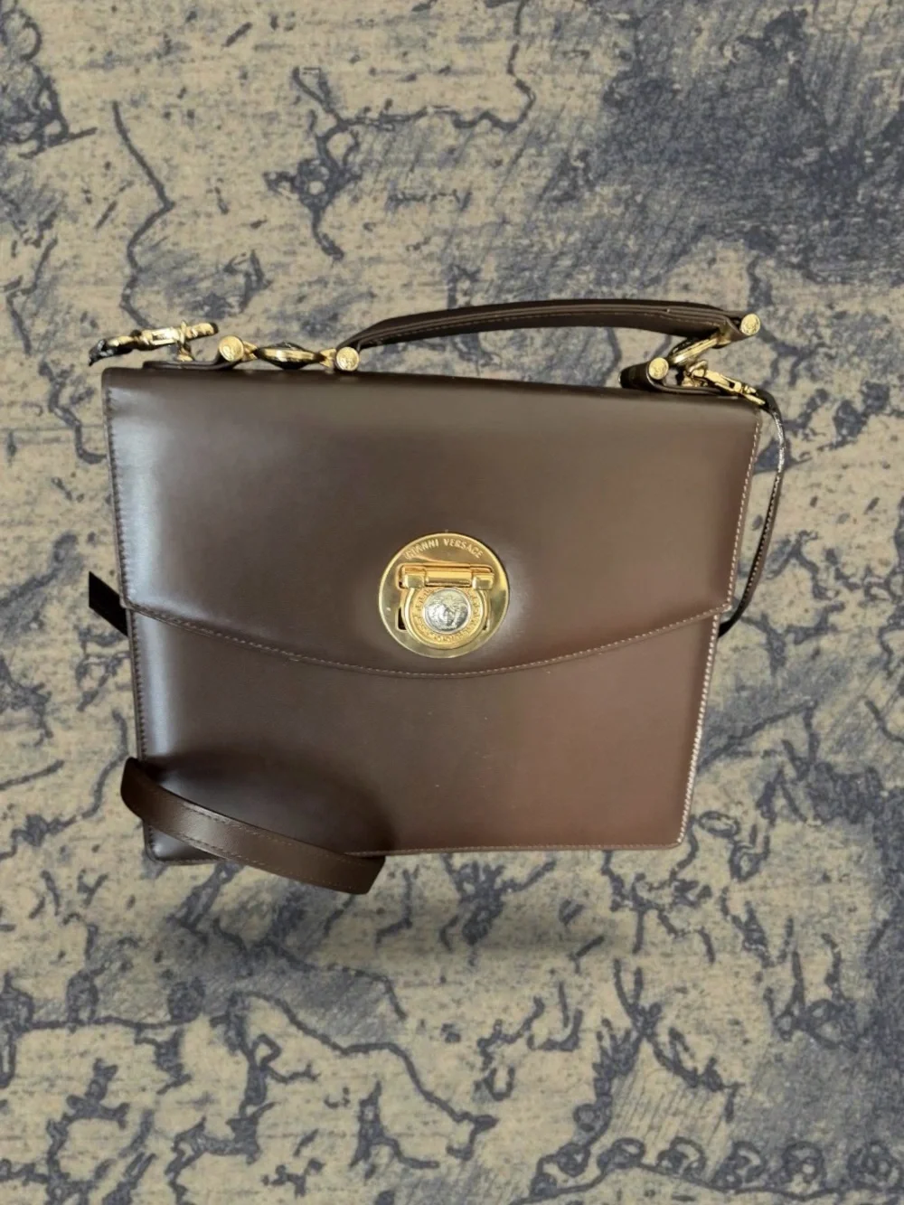 Gianni Versace Designer Brown Leather Top-Handle Shoulder Bag with Gold Hardware
